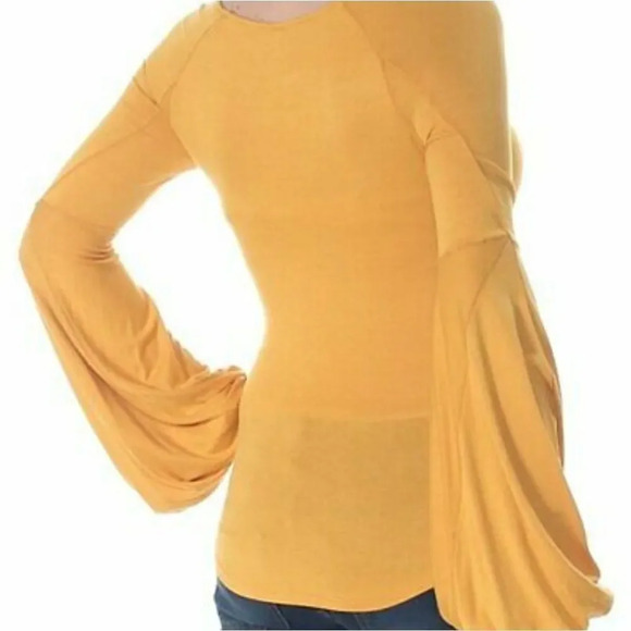 Free People To the Tropics Twist Sleeve Top Yellow Mustard Blouse Size L… - Picture 2 of 5